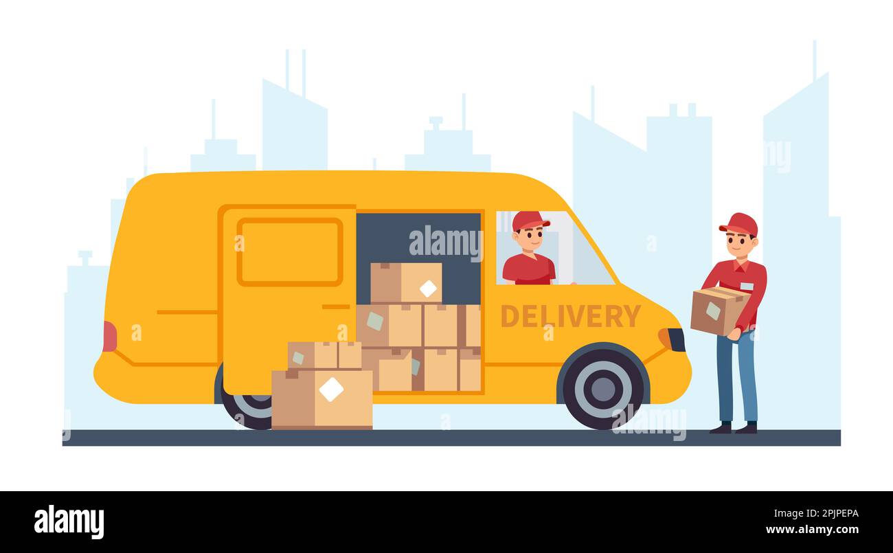 Transportation logistics, delivery worker unloads cardboard boxes from ...