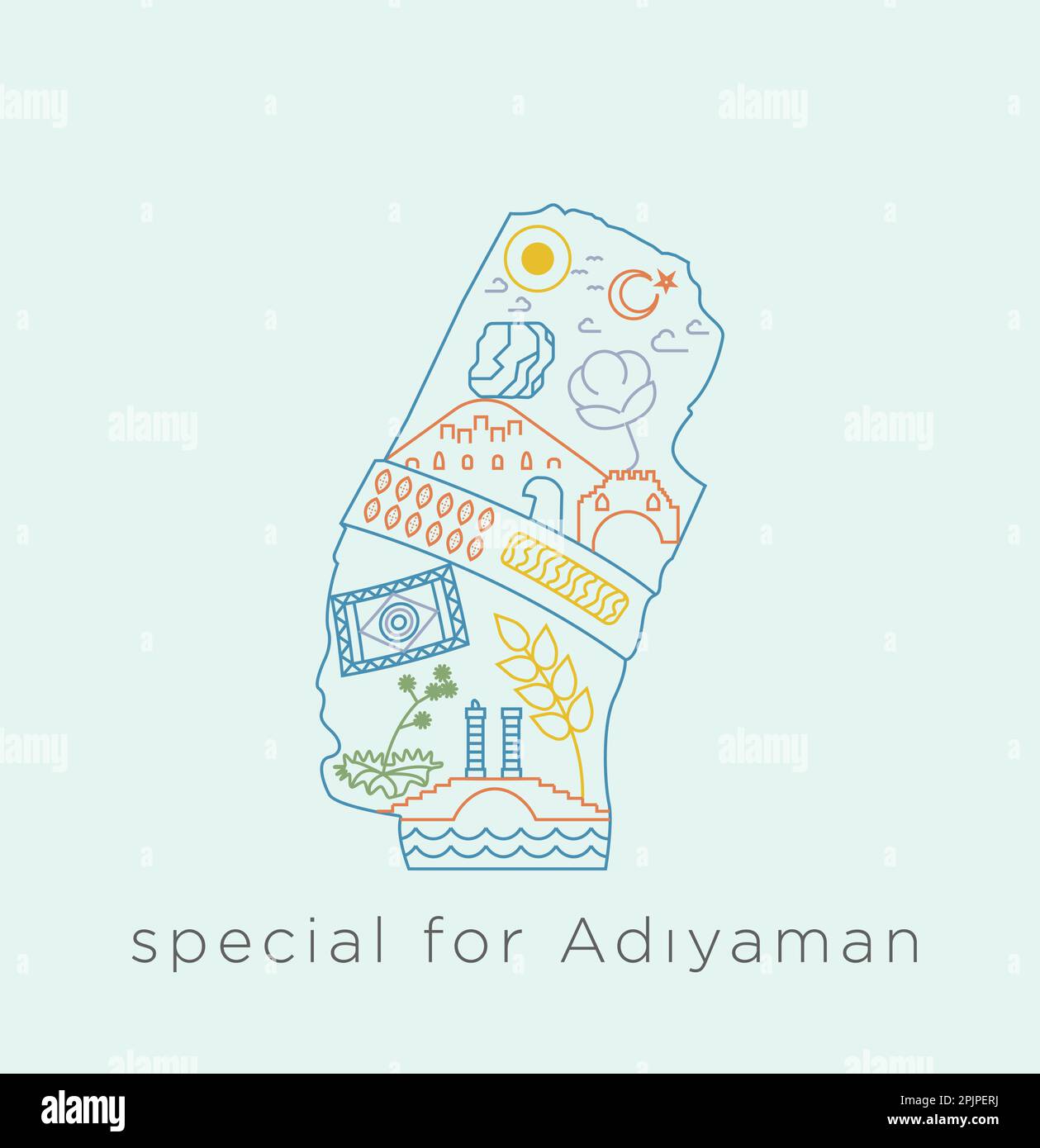 A special icon series for Turkey- Adıyaman. Collage of historical places, mount Nemrut, moon and star, Cendere Bridge, rug, castle line in related Stock Vector
