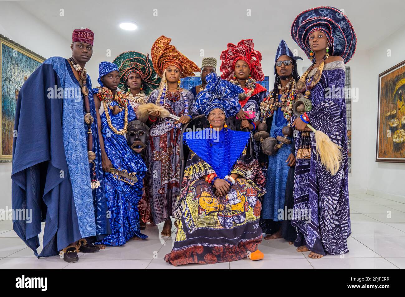 Adire fashion display by Nike Monika Okundaye, at the Nike art gallery in  Abuja, Nigeria's capital city. Nike art gallery is one of the largest art  galleries in West Africa. Abuja, Nigeria