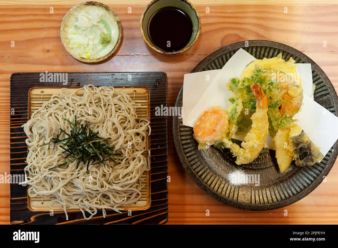 Chilled zaru soba served with fresh tempura and dipping sauce, Nagano