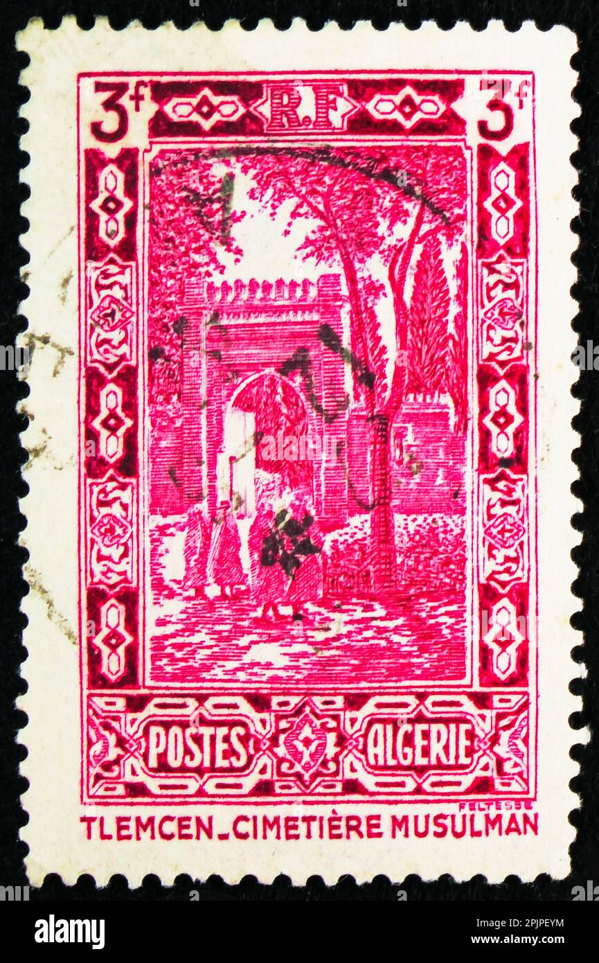 MOSCOW, RUSSIA - MARCH 26, 2023: Postage stamp printed in Algeria shows Cemetery, Tlemcen, Landscapes and Buildings serie, circa 1936 Stock Photo