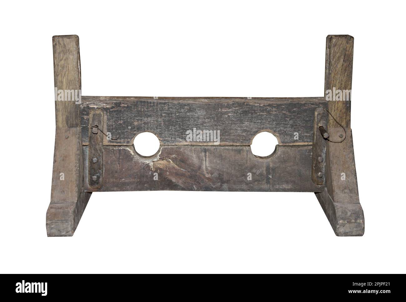 A Wooden Set of Medieval Punishment Stocks. Stock Photo