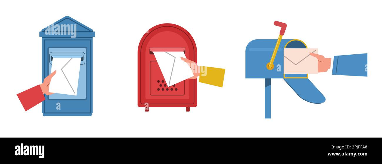 Set of mailboxes where people put their letters. Hand hold envelope