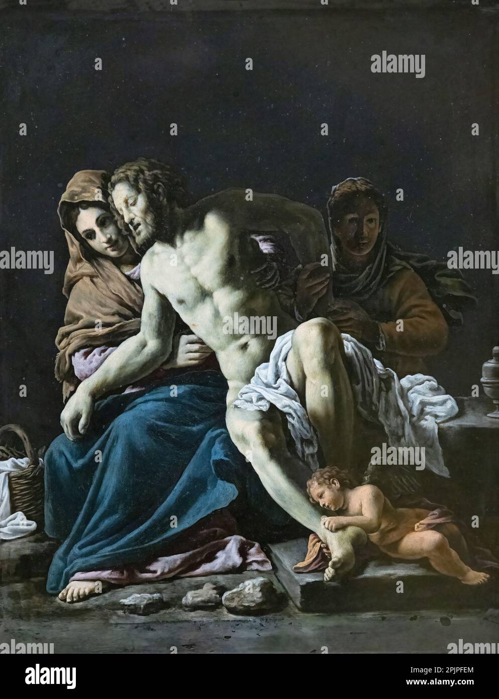 Marco Antonio Bassetti painting, aka. Marcantonio Bassetti, The Dead Christ supported by The Virgin Mary and Mary Magdelene, 1616. Italian painter Stock Photo