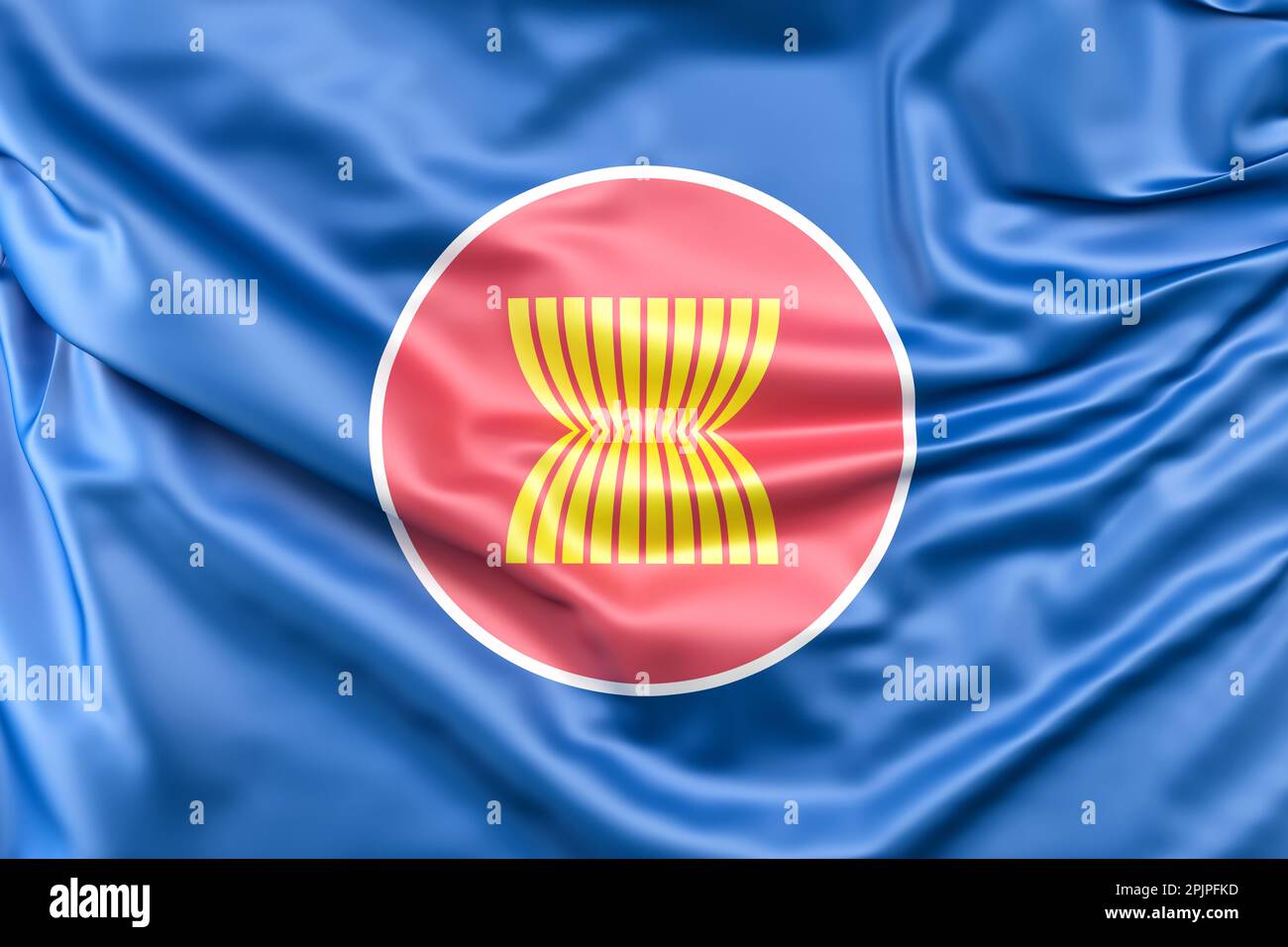 Ruffled Flag of Association of Southeast Asian Nations (ASEAN). 3D Rendering Stock Photo