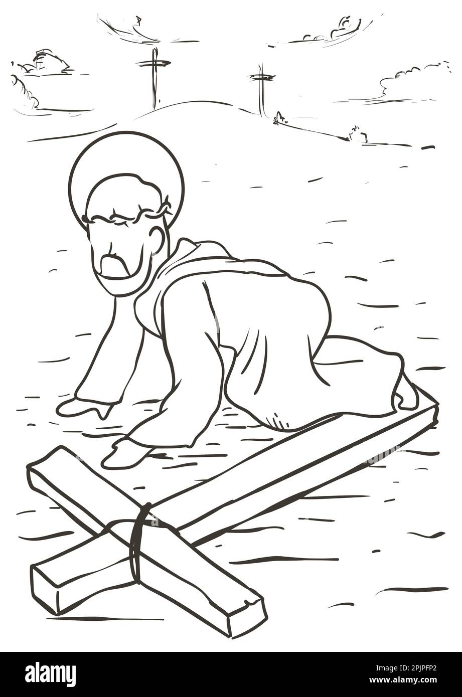 Drawing of the Via Crucis, representing the ninth station: Jesus falls exhausted by the long way to Calvary. Stock Vector