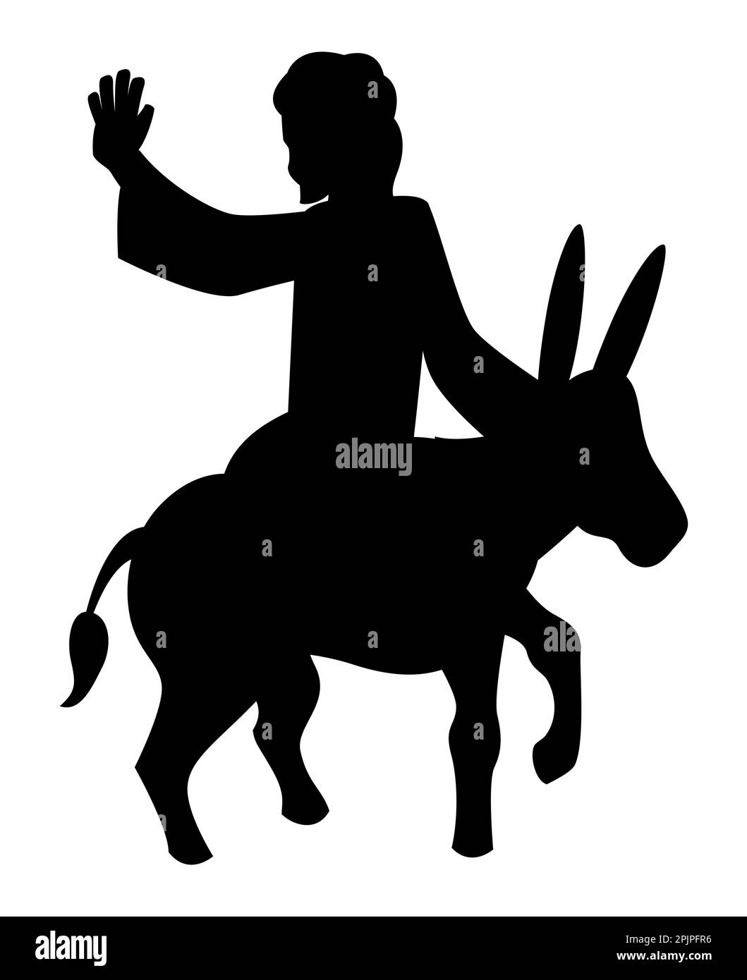 Black religious silhouette depicting Jesus riding a donkey on his entry into Jerusalem, during Palm Sunday. Stock Vector