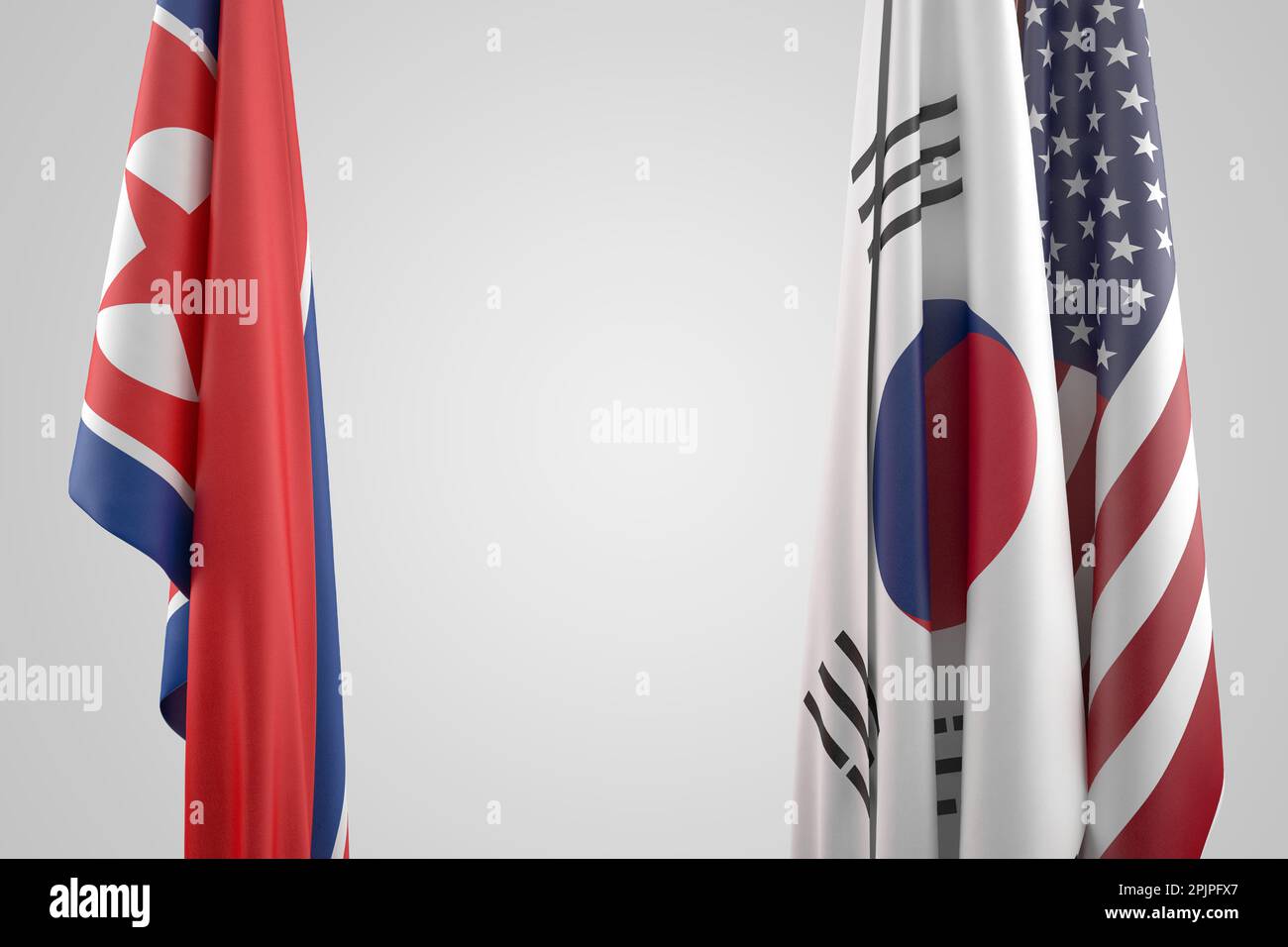 Flags of USA, South and North Korea. Political confrontation concept. 3D Rendering Stock Photo