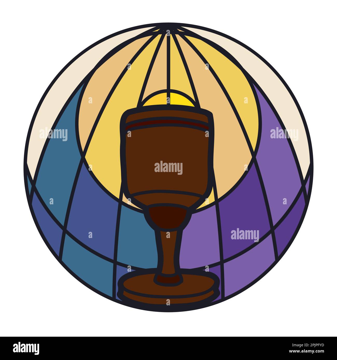 Round button with Holy Chalice with stained glass effect. Religious design in flat colors and outlines. Stock Vector