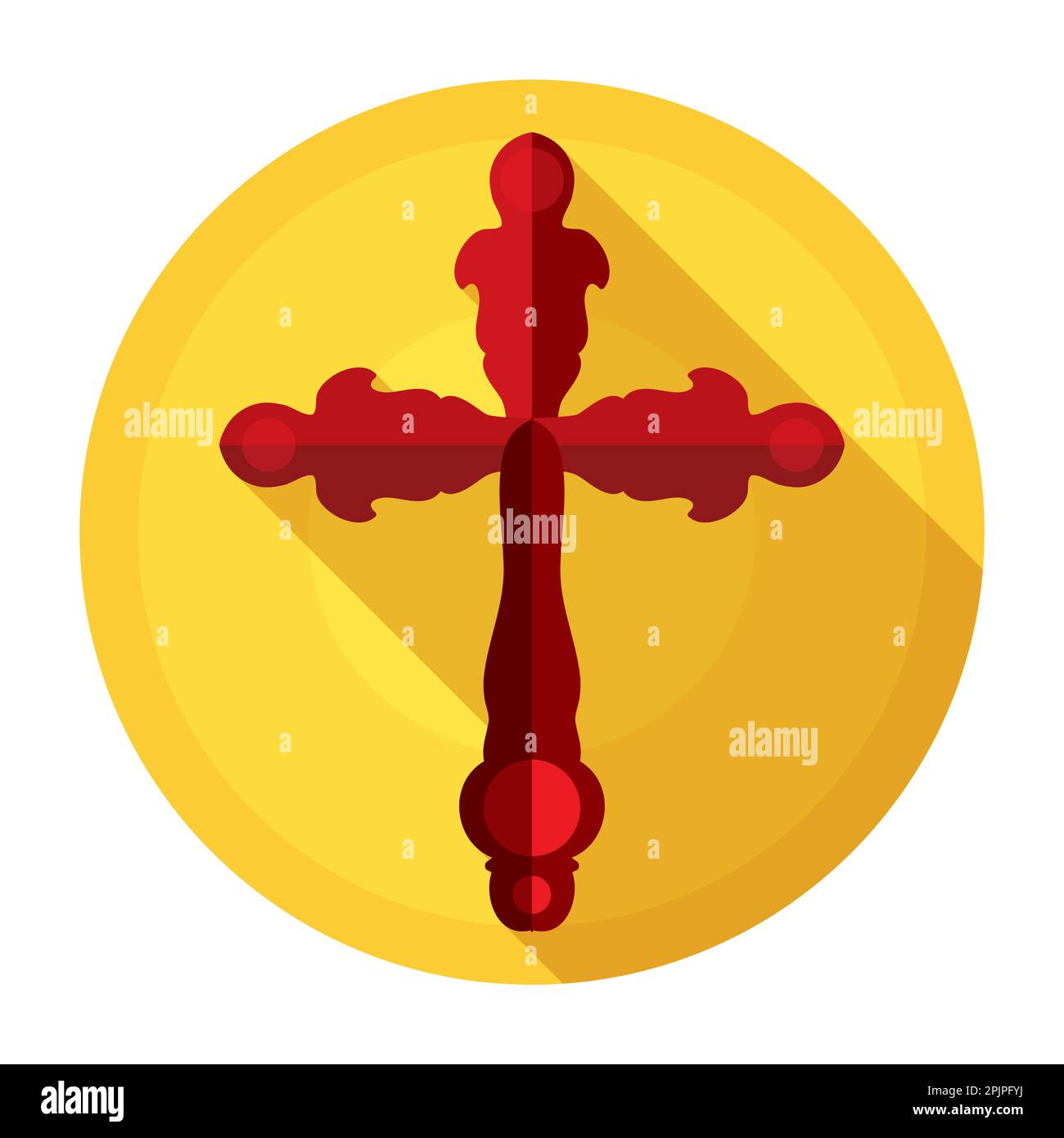 Red Christian cross inside yellow round  button. Flat design with long shadow. Stock Vector