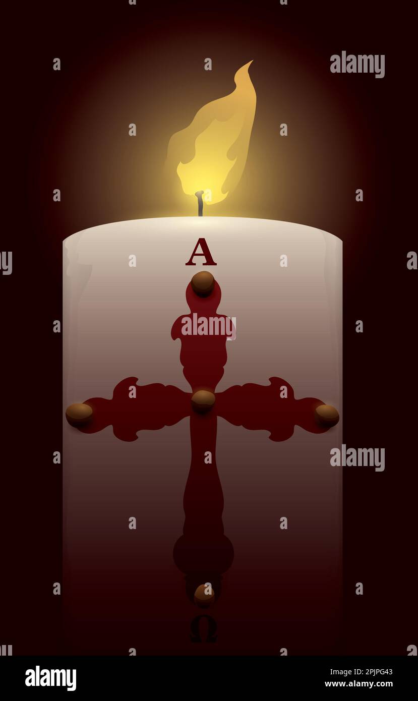 Vertical design with lit Paschal candle, decorated with cross, grains