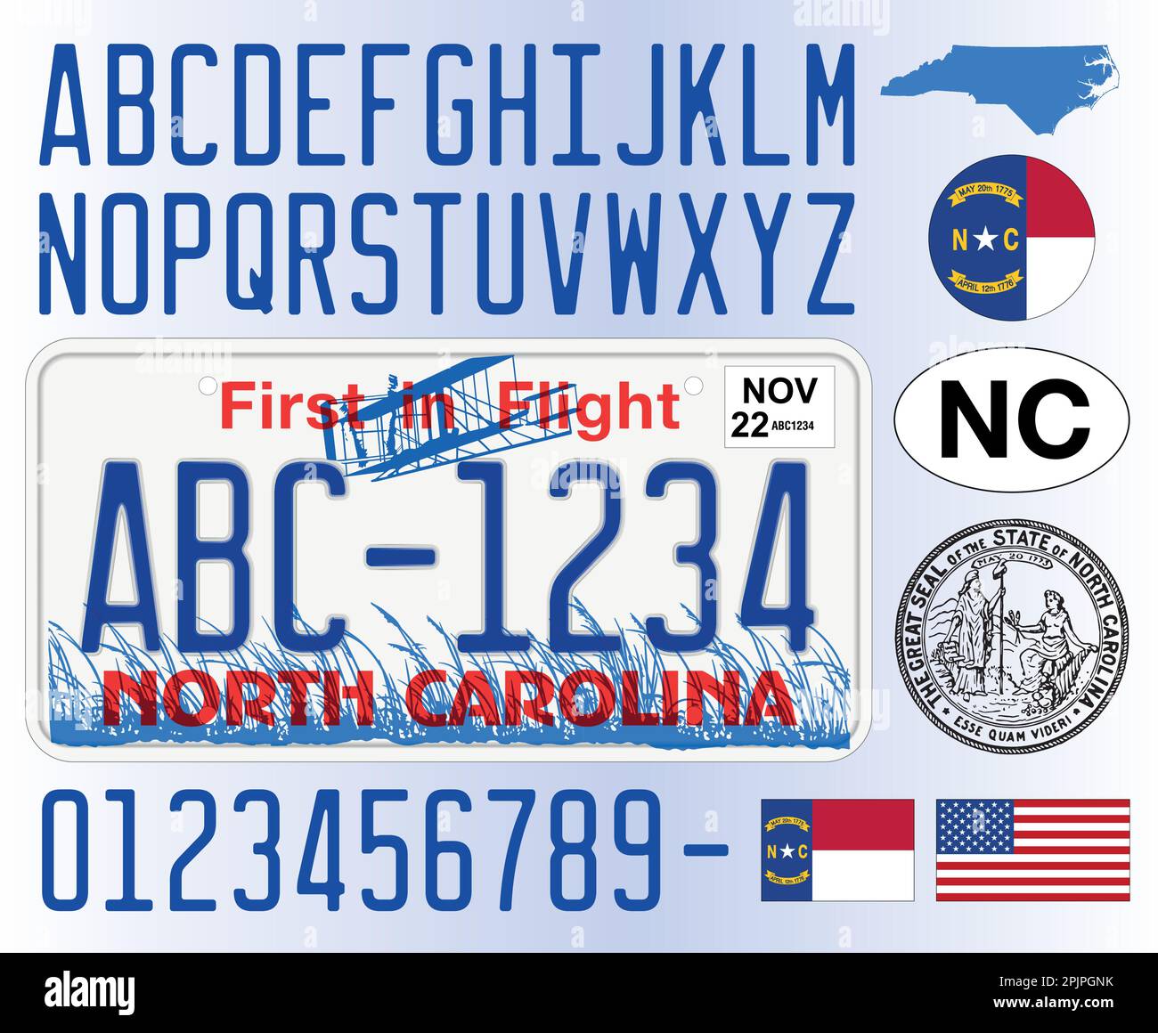 North Carolina car license plate pattern, letters, numbers and symbols, vector illustration, USA Stock Vector
