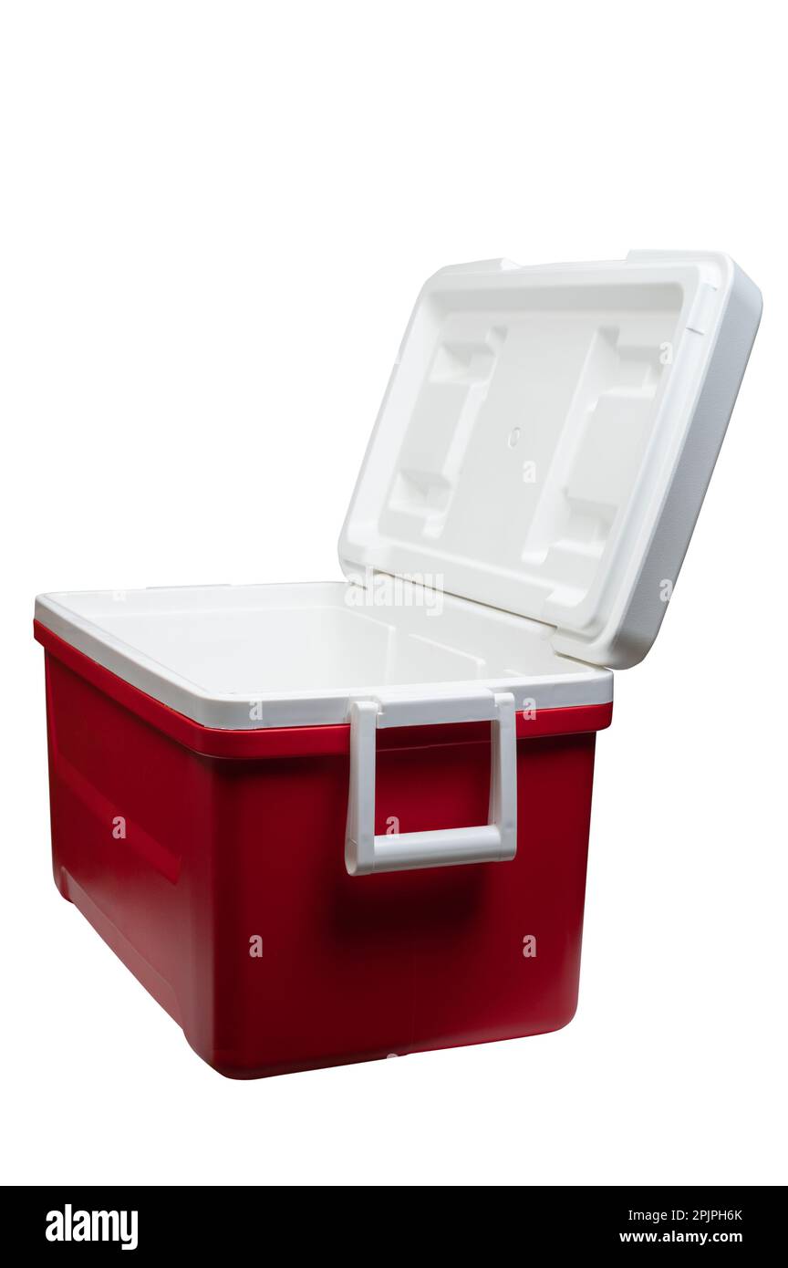 Empty open plastic cooler box side view isolated on studio background Stock Photo