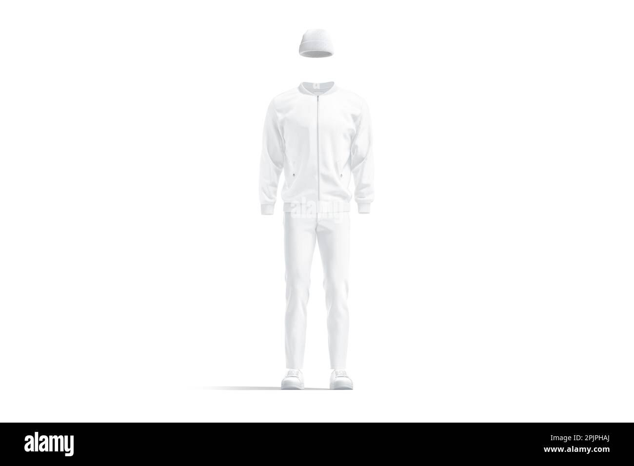 Blank white bomber, beanie, sweatpants and sneakers mockup, front view Stock Photo