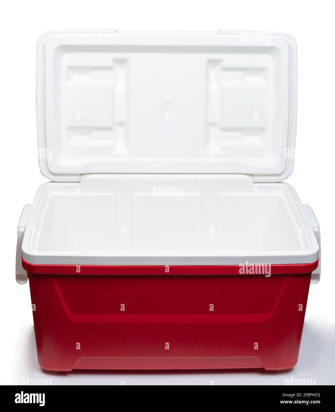 Red open plastic thermo fridge front view isolated Stock Photo