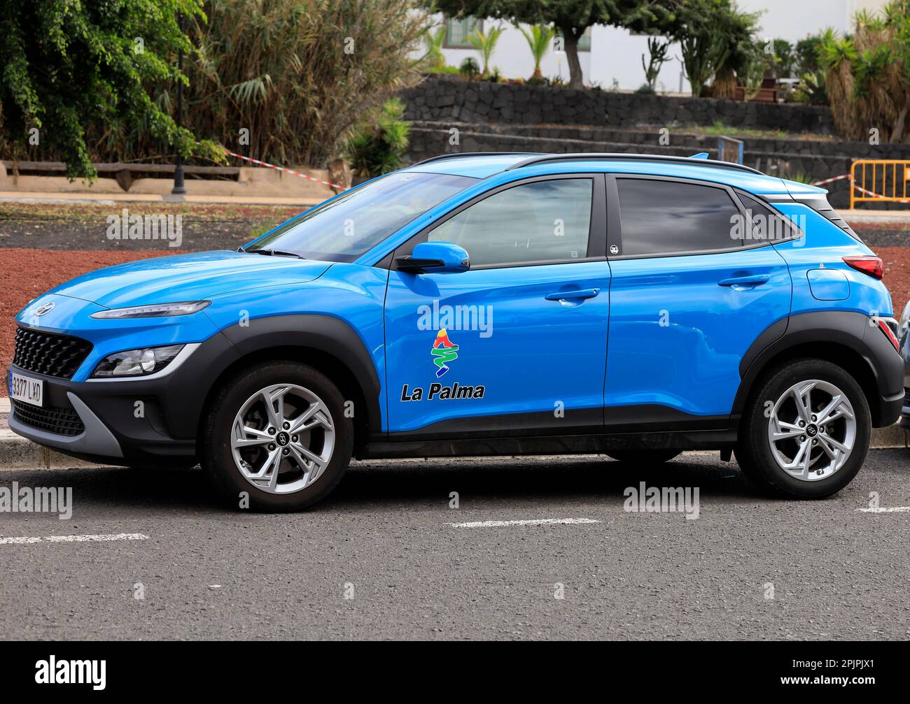 Lanzarote scene. Hire cars with island logo - La Palma.  February 2023. cym Stock Photo