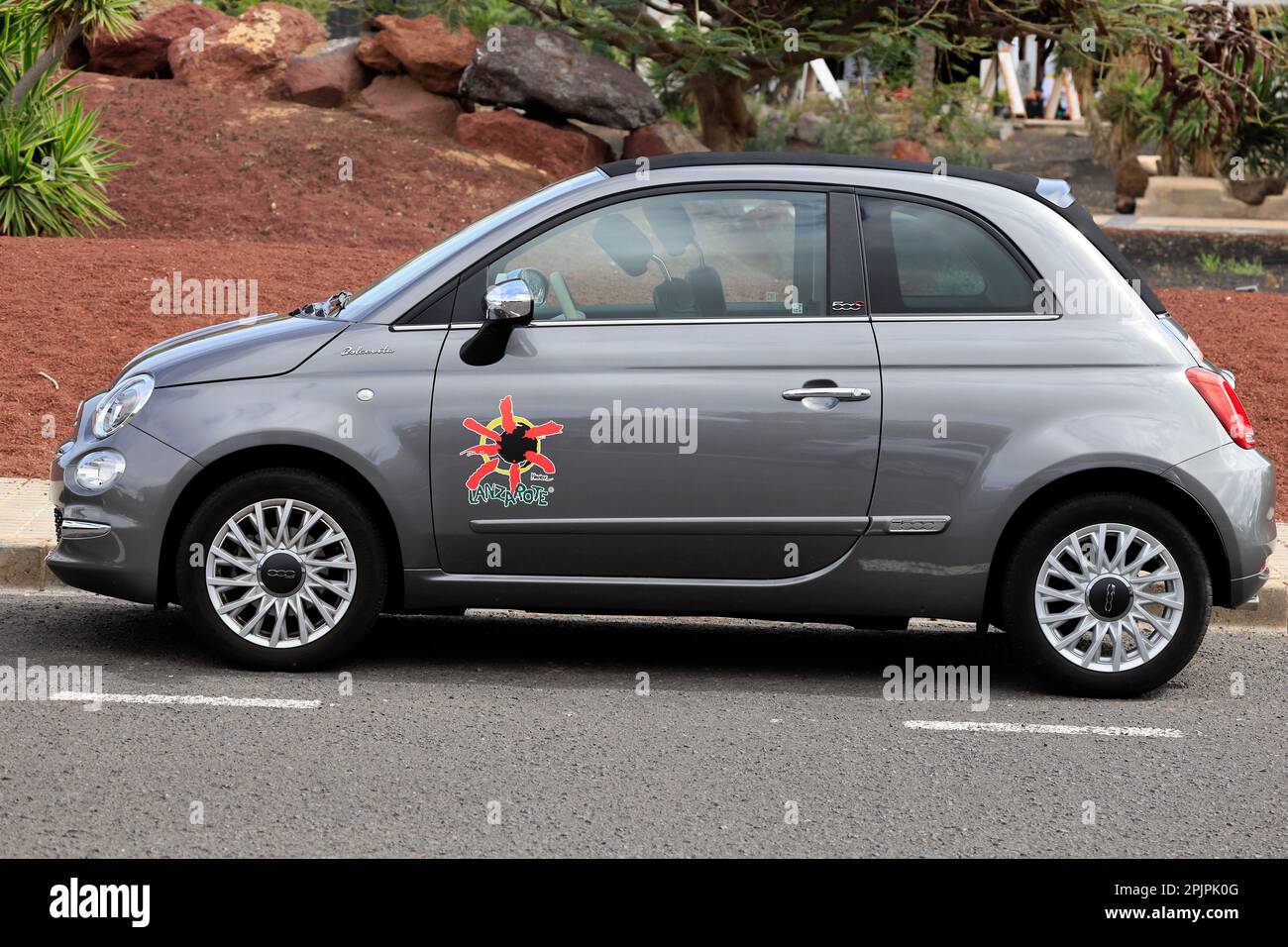 Lanzarote scene. Hire cars with island logo for Lanzarote. February2023