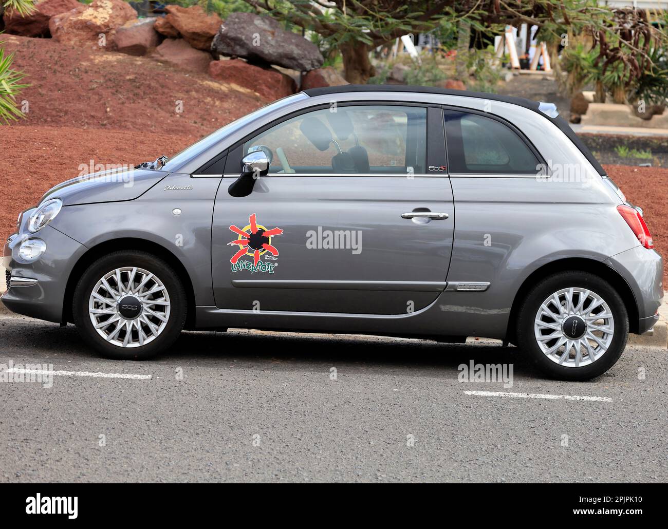 Lanzarote scene. Hire cars with island logo for Lanzarote. February2023