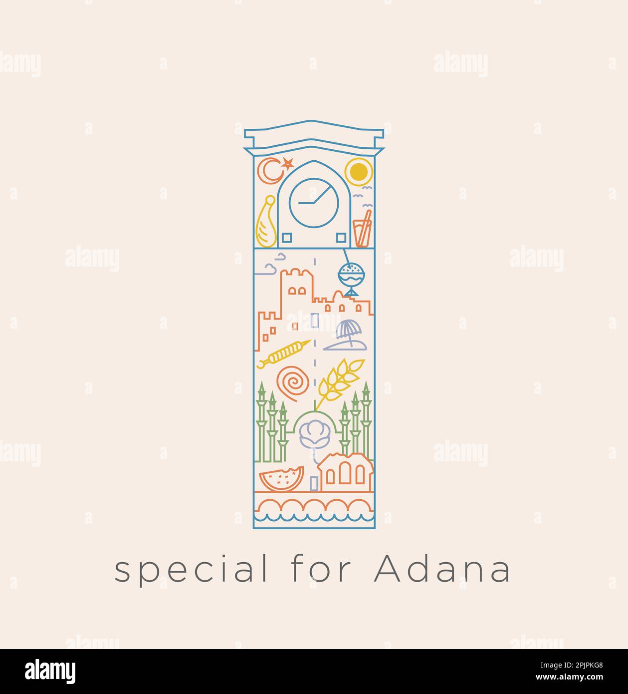 A special icon series for Turkey-Adana. Historical places, sirdan, moon and star, watermelon, bıcı bıcı, beach, adana kebab, turnip juice, related Stock Vector