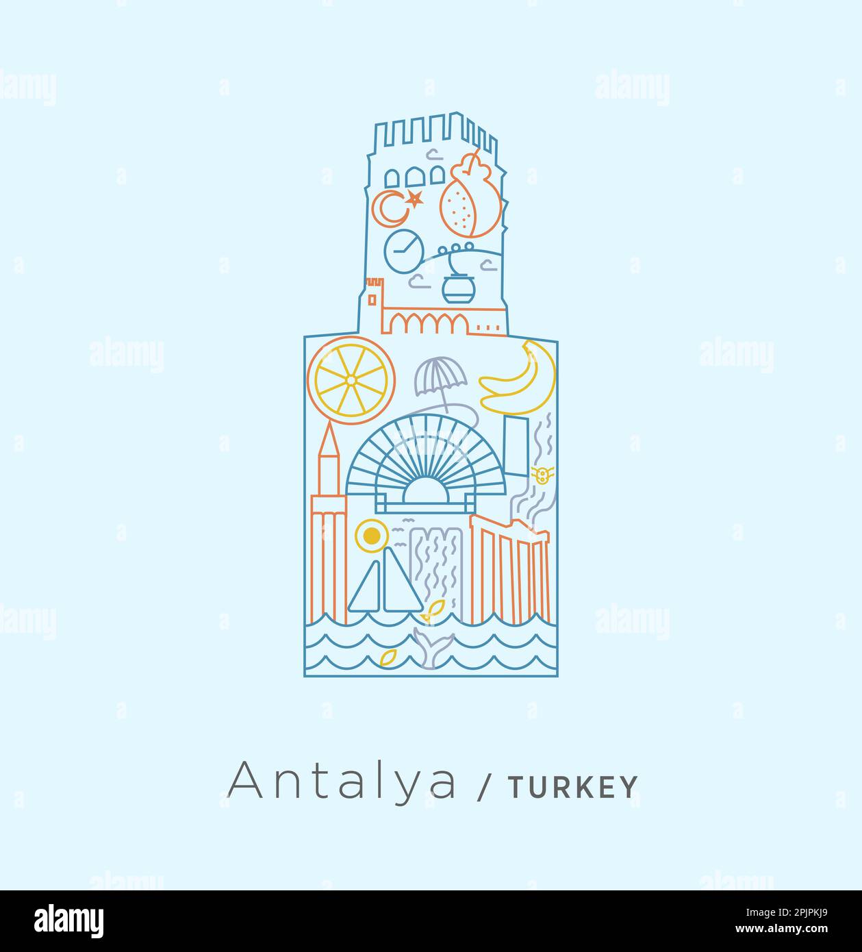 Icon series exclusive to Turkey - collage in Aydın castle. A collage on Aydın-specific Efeler barley, olive, historical belt, cotton, fig Stock Vector