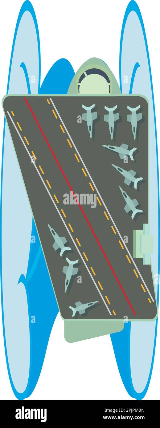 Aircraft carrier icon isometric vector. Military ship with fighter aircraft icon. Warship, navy, storm wave, top view Stock Vector