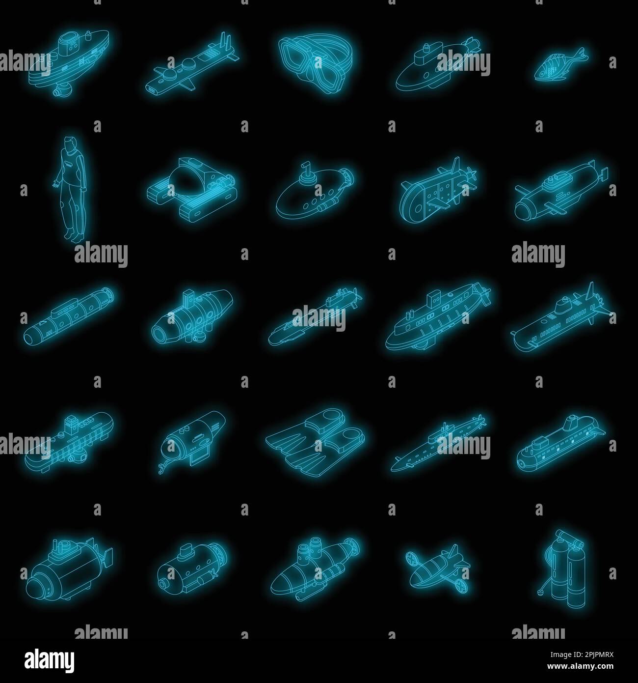 Bathyscaphe icons set. Isometric set of bathyscaphe vector icons neon ...