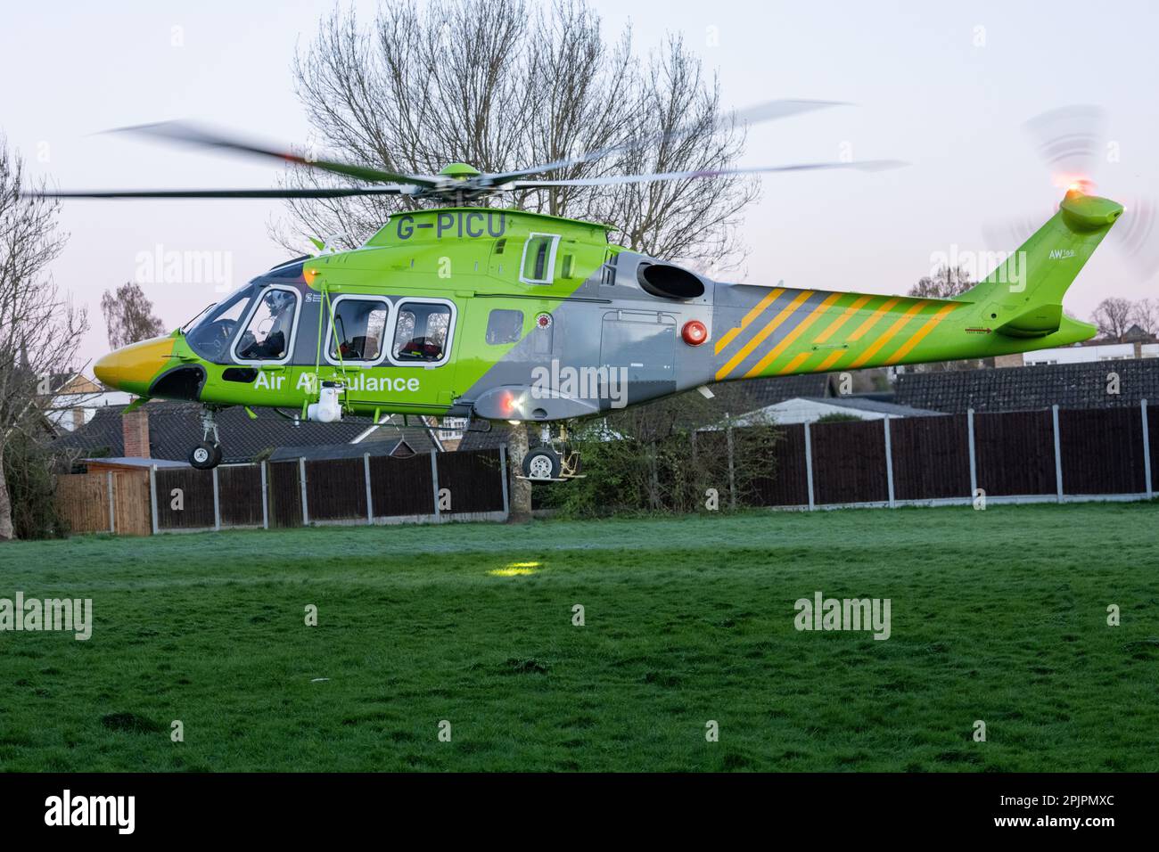 Brentwood, UK. 03rd Apr, 2023. Brentwood Essex 3rd Apr.2023 The Essex and Herts Air Ambulance helicopter (G-PICU Leonardo AW169) was called to assist with a medical emergency in Brentwood Essex Credit: Ian Davidson/Alamy Live News Stock Photo