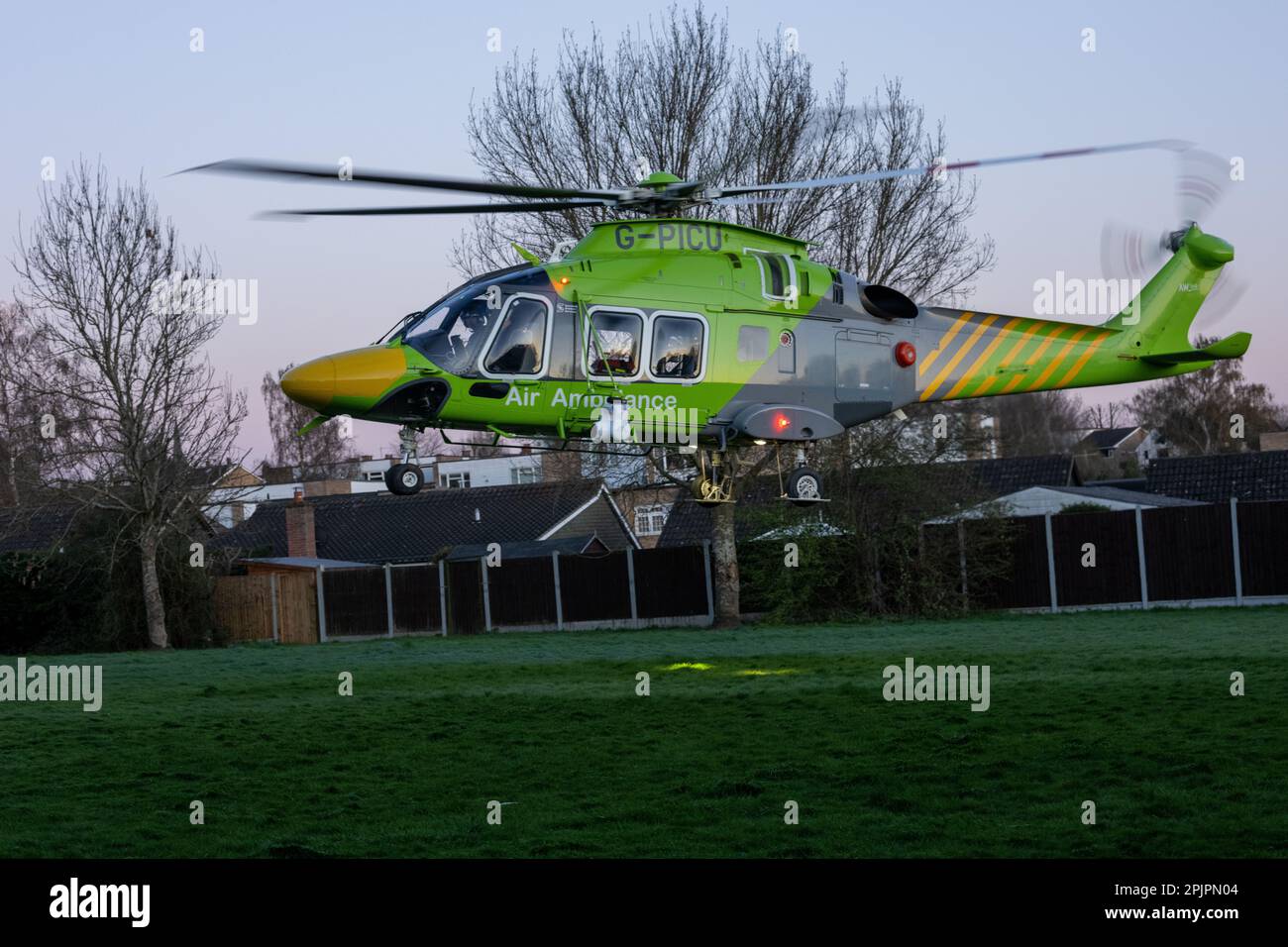 Brentwood, UK. 03rd Apr, 2023. Brentwood Essex 3rd Apr.2023 The Essex and Herts Air Ambulance helicopter (G-PICU Leonardo AW169) was called to assist with a medical emergency in Brentwood Essex Credit: Ian Davidson/Alamy Live News Stock Photo