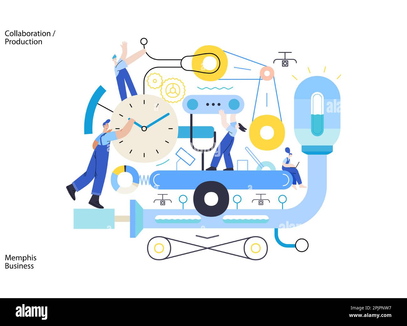 Memphis business illustration. Collaboration -modern flat vector concept illustration of team, people working together on a product mechanism in a fac Stock Vector