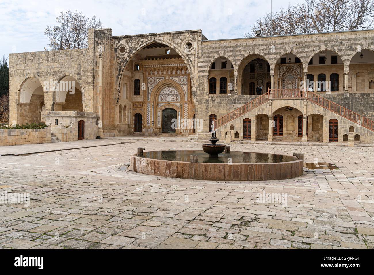Old historic Beiteddine Palace courtyard with fountain, traditional Lebanese architecture, Lebanon Stock Photo