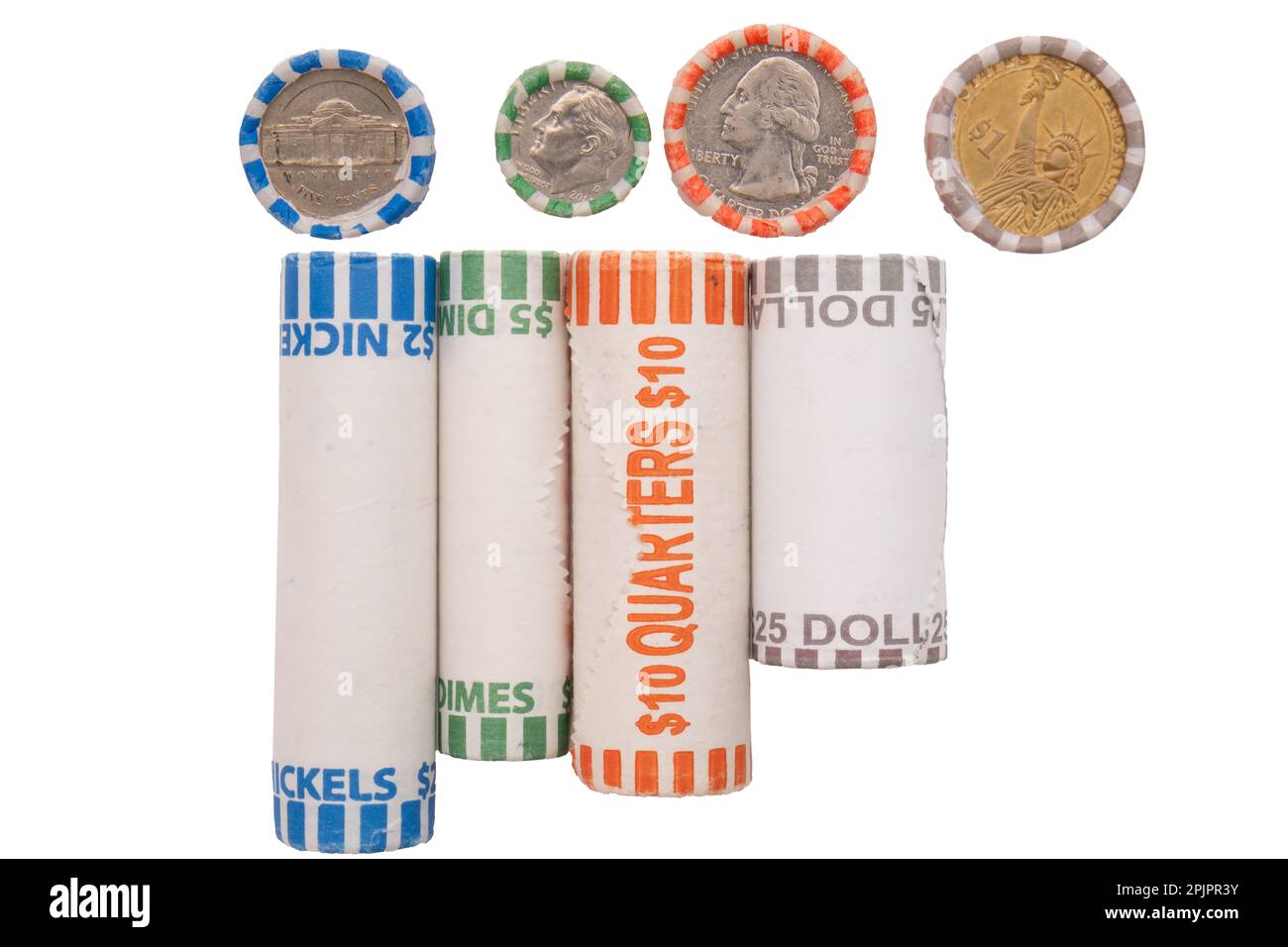 Side and top views of US coins in roll wrappers isolated on a white