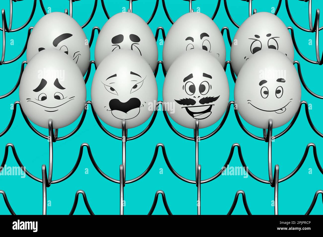 Farm white painted egg with expressions and funny face in metal wire ...