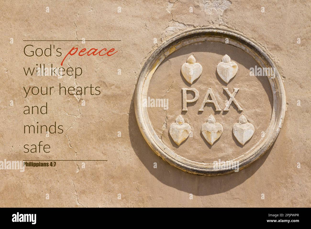 'God's peace will keep your hearts and minds safe' Bible verse quote. Pax (Peace) caption in stone circle frame on wall Stock Photo