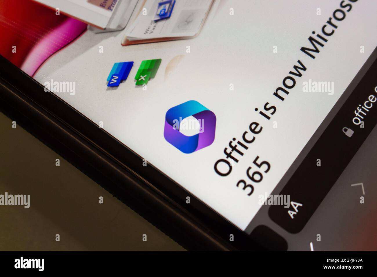 Microsoft 365 logo seen in office.com on an iPhone. On April 21 2020, Office 365 was rebranded as Microsoft 365. Now Office 365 is Microsoft 365 Stock Photo