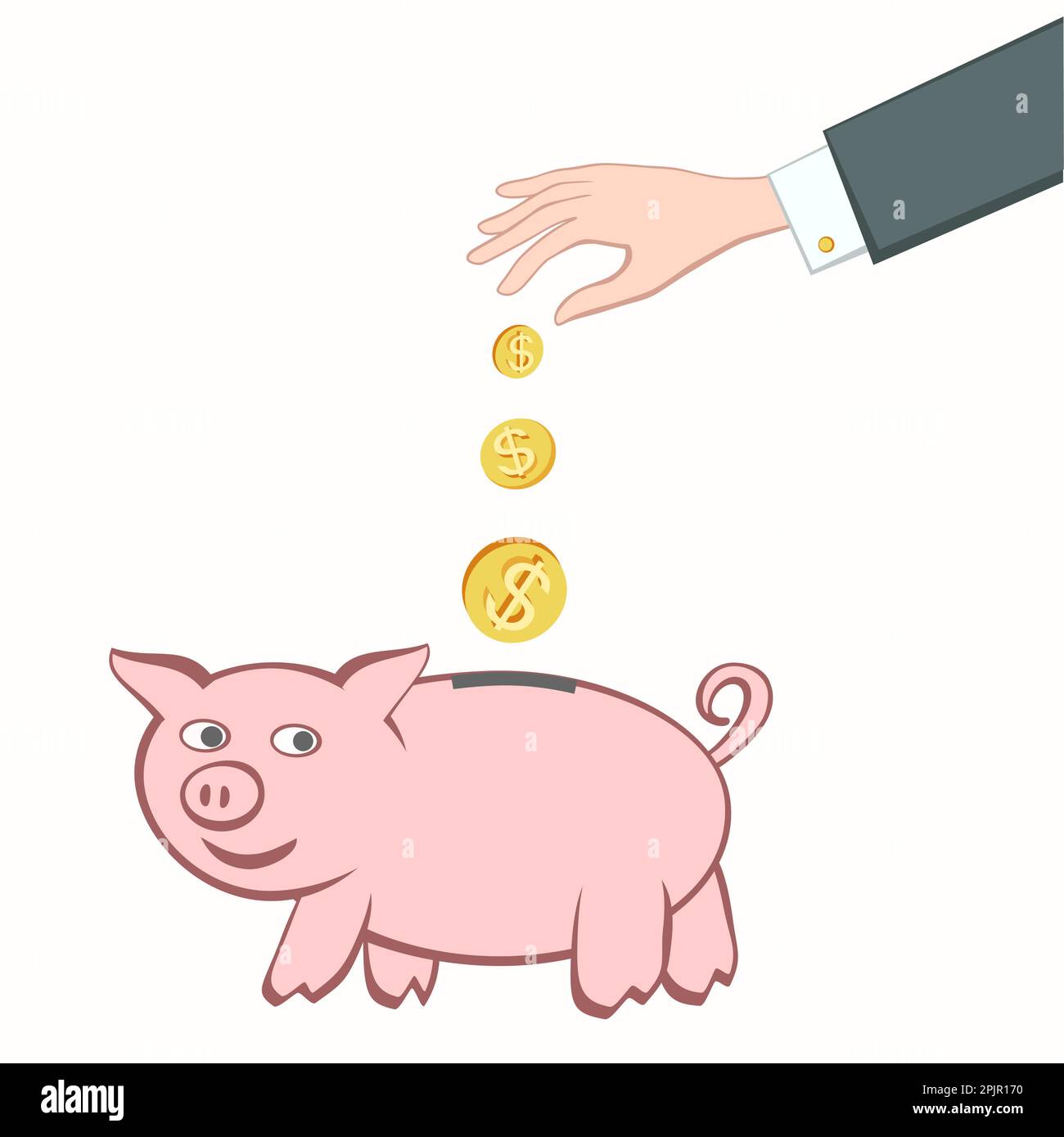 Businessman hand puts coin into piggy bank. Cash coins increase in size ...
