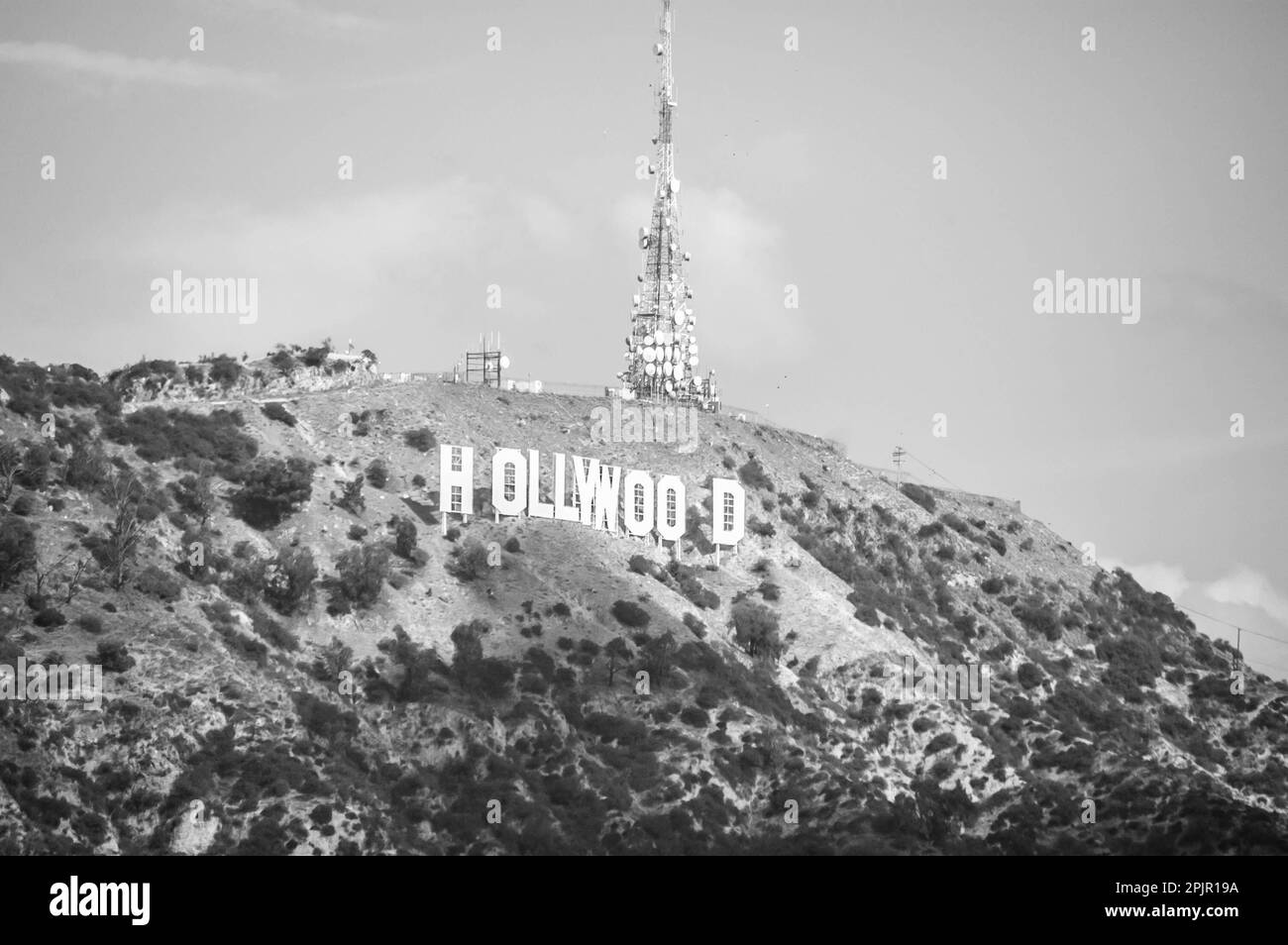 Black and white photo of the iconic Hollywood Sign in Los Angeles USA