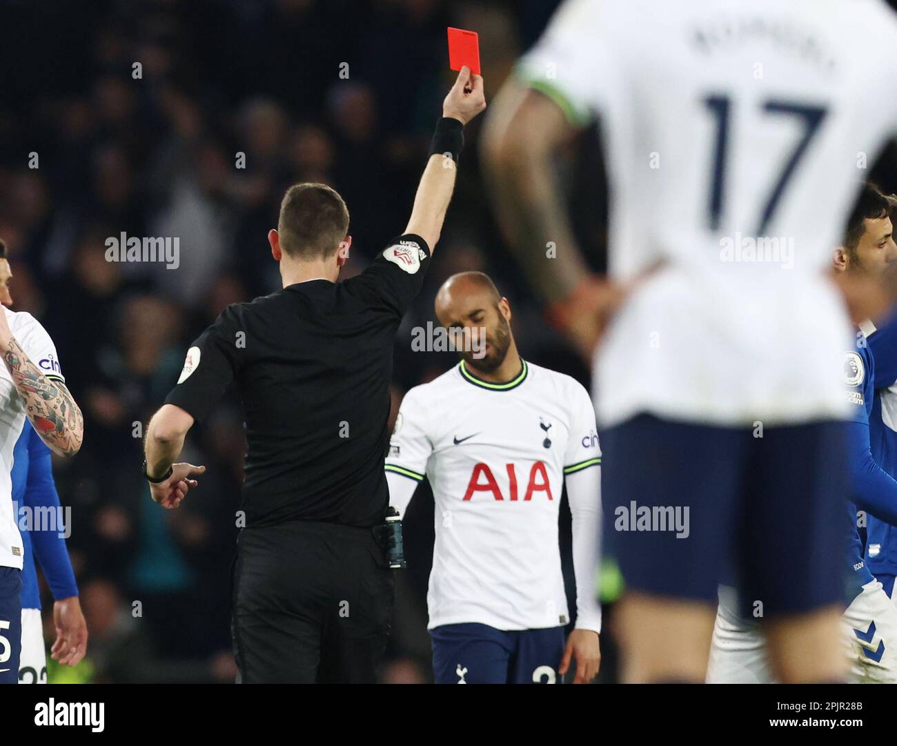 Liverpool, UK. 3rd Apr, 2023. Lucas Moura of Tottenham receives a red card during the Premier League match at Goodison Park, Liverpool. Picture credit should read: Darren Staples/Sportimage Credit: Sportimage/Alamy Live News Stock Photo