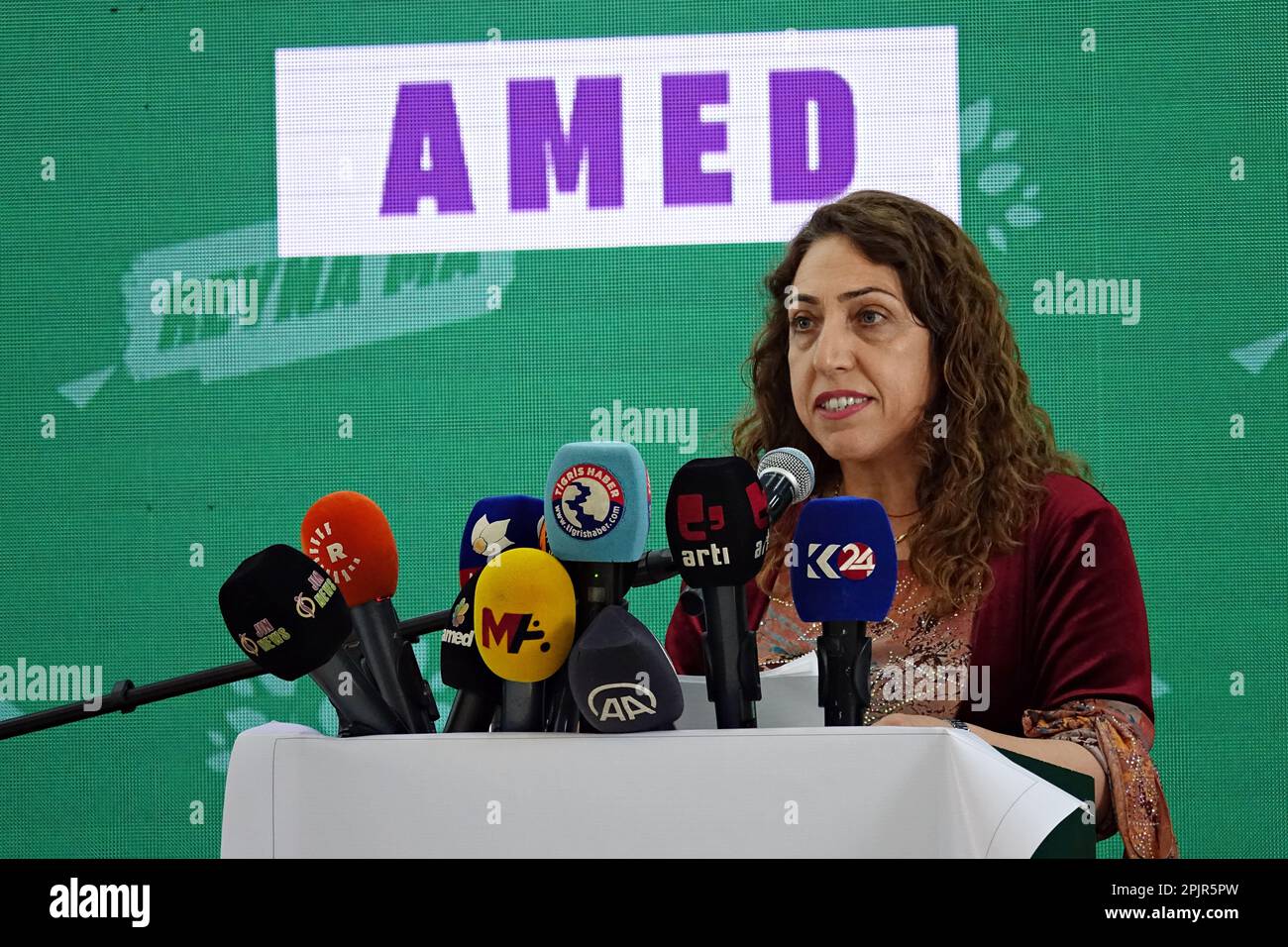 Saliha Ayyildiz, Co-Leader of the Democratic Regions Party (DBP) speaks during the press conference. Turkey's 'Kurdish Alliance for Freedom and Democracy' announced that they will support the Green Left Party, which opposes President Recep Tayyip Erdogan, in the May 14 elections.The 'Kurdish Alliance for Freedom and Democracy', established by the Green Left Party with Kurdish parties and organizations in Turkey, announced its position on the May 14 elections with a declaration at a salon meeting held in Diyarbakir. In addition to the Green Left Party (YSP), the Democratic Society Congress (DTK Stock Photo