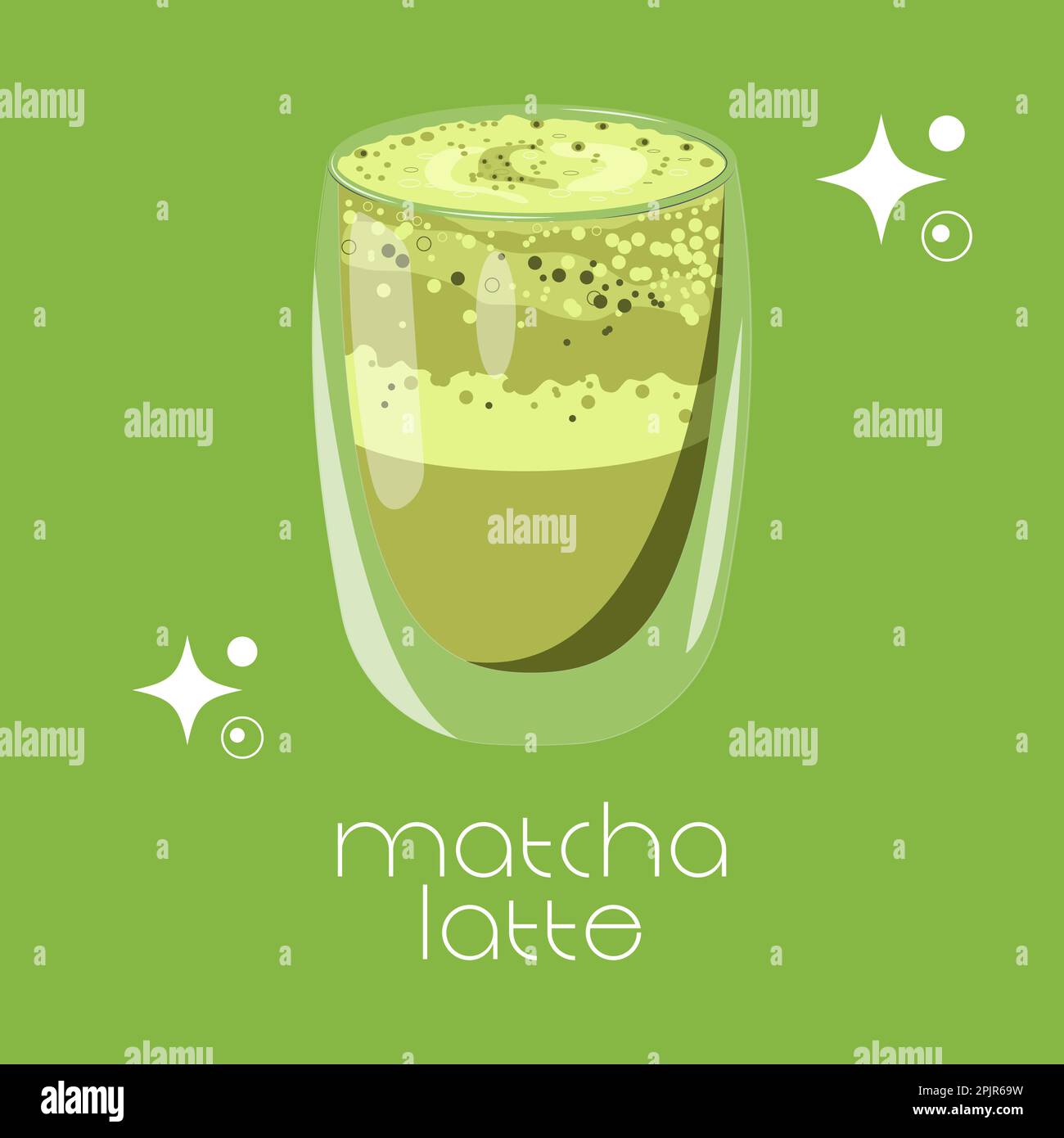 Japanese matcha latte, tea glass cup set on green background. Matcha Latte. Vector Stock Vector