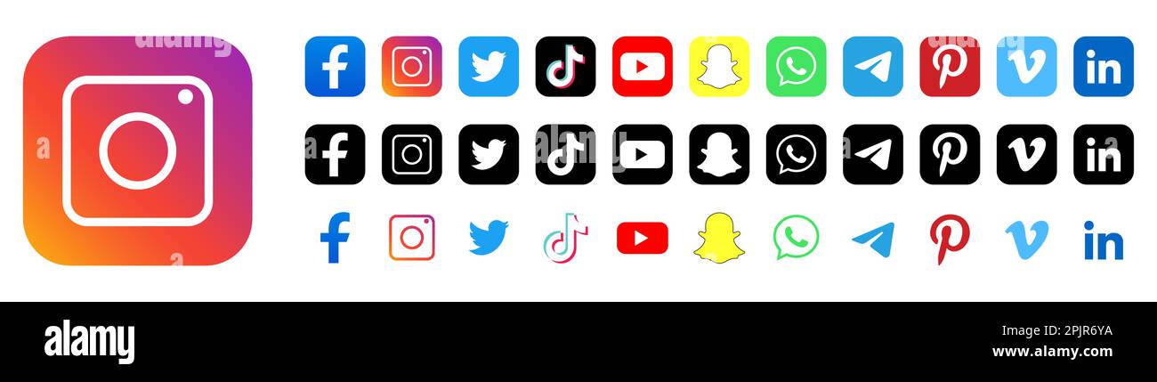 Collection of popular social media logos. Facebook,instagram, twitter, tiktok, youtube, snapchat, whatsapp, telegram, pinterest, vimeo, linkedin. Vect Stock Vector