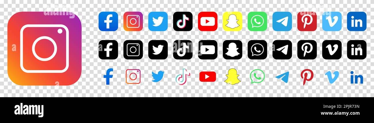 Popular social media logos. Facebook,instagram, twitter, tiktok, youtube, snapchat, whatsapp, telegram and others. Editorial isolated on transparent b Stock Vector