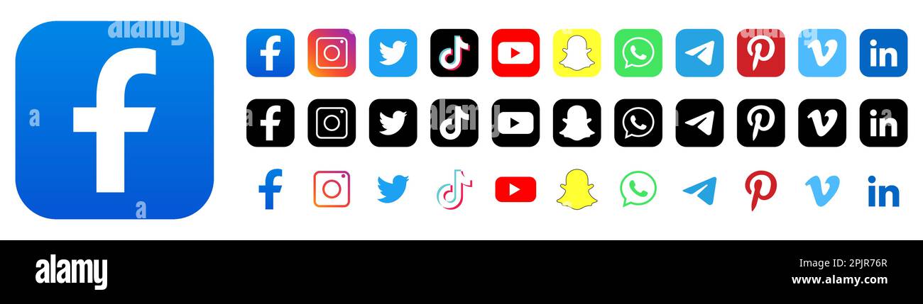 Social media icons. Facebook,instagram, twitter, tiktok, youtube, snapchat, whatsapp, telegram, pinterest, vimeo, linkedin. Vector editorial logos Stock Vector