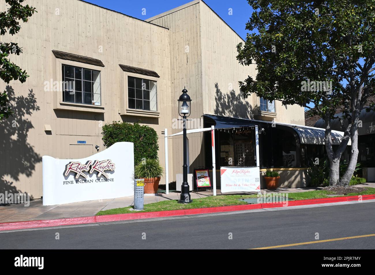 SANTA ANA, CALIFORNIA - 31 MAR 2023: Royal Khyber Fine Indian Cuisine restaurant in South Coast Village. Stock Photo