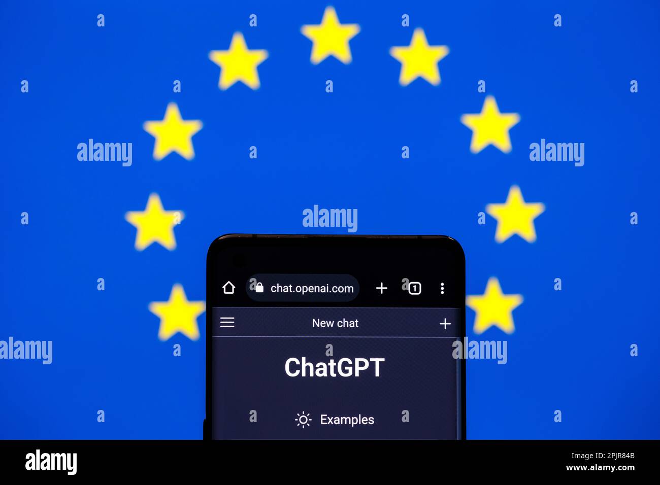 ChatGPT seen on smartphone, court gavel and flag of EU on the laptop. Concept for regulation of AI tools in Europe. Stafford, United Kingdom, April 3, Stock Photo