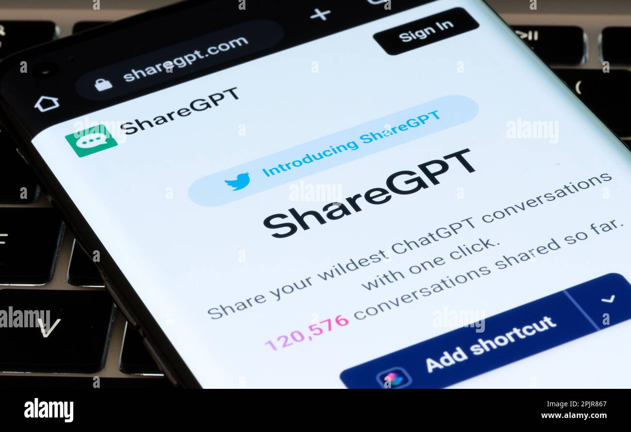 ShareGPT platform for sharing ChatGPT converations seen on screen of smartphone. Concept. Stafford, United Kingdom, April 3, 2023 Stock Photo