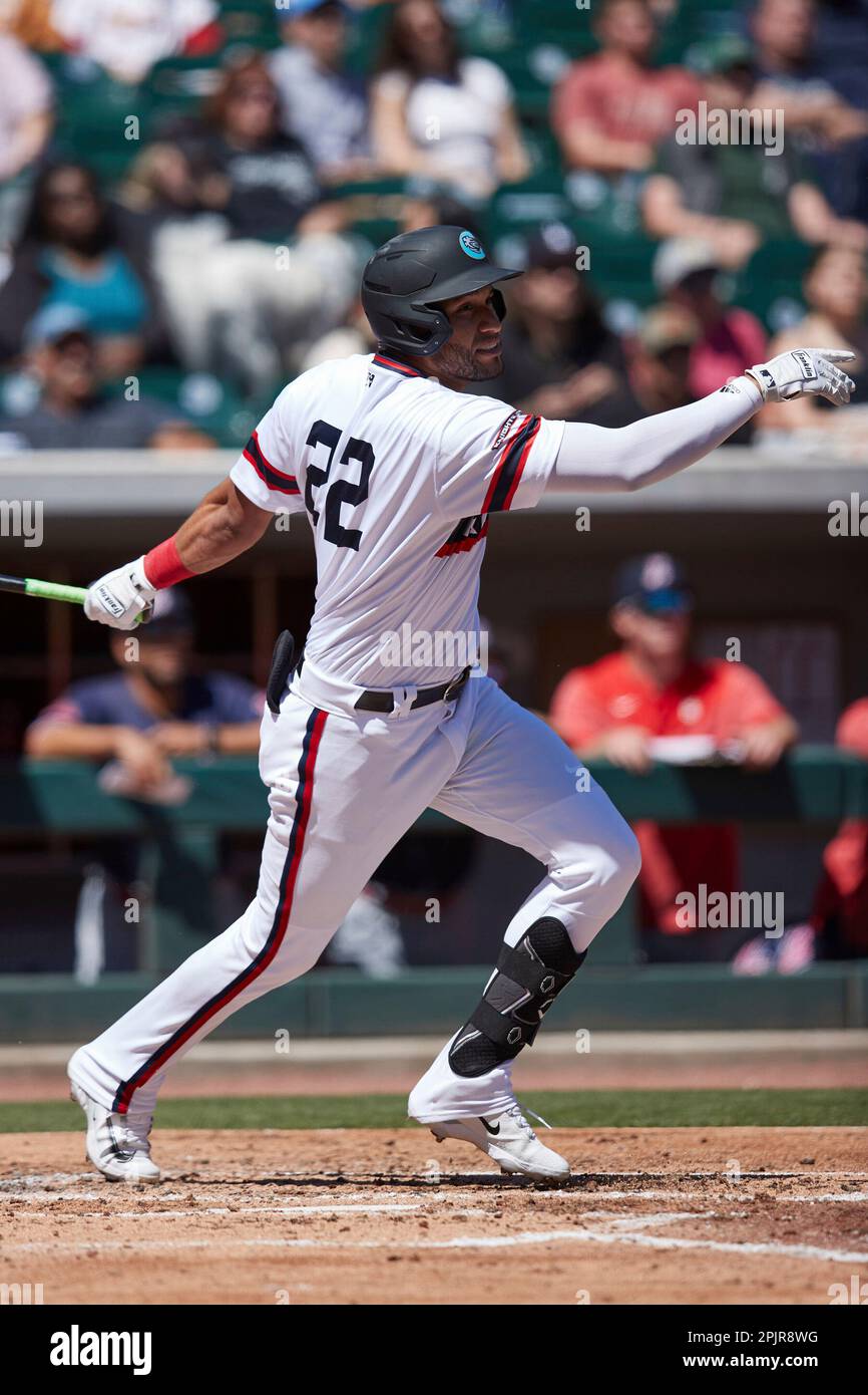 Victor Reyes (22) of the Charlotte Knights starts down the first base line  against the Memphis Redbirds at Truist Field on April 2, 2023 in Charlotte,  North Carolina. (Brian Westerholt/Four Seam Images