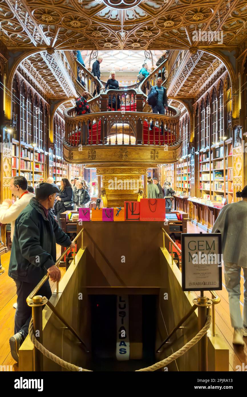 Porto, Portugal - February 7, 2023 : Interior of Lello Bookstore one of the most beautiful bookstores in the world. High quality photography. Stock Photo