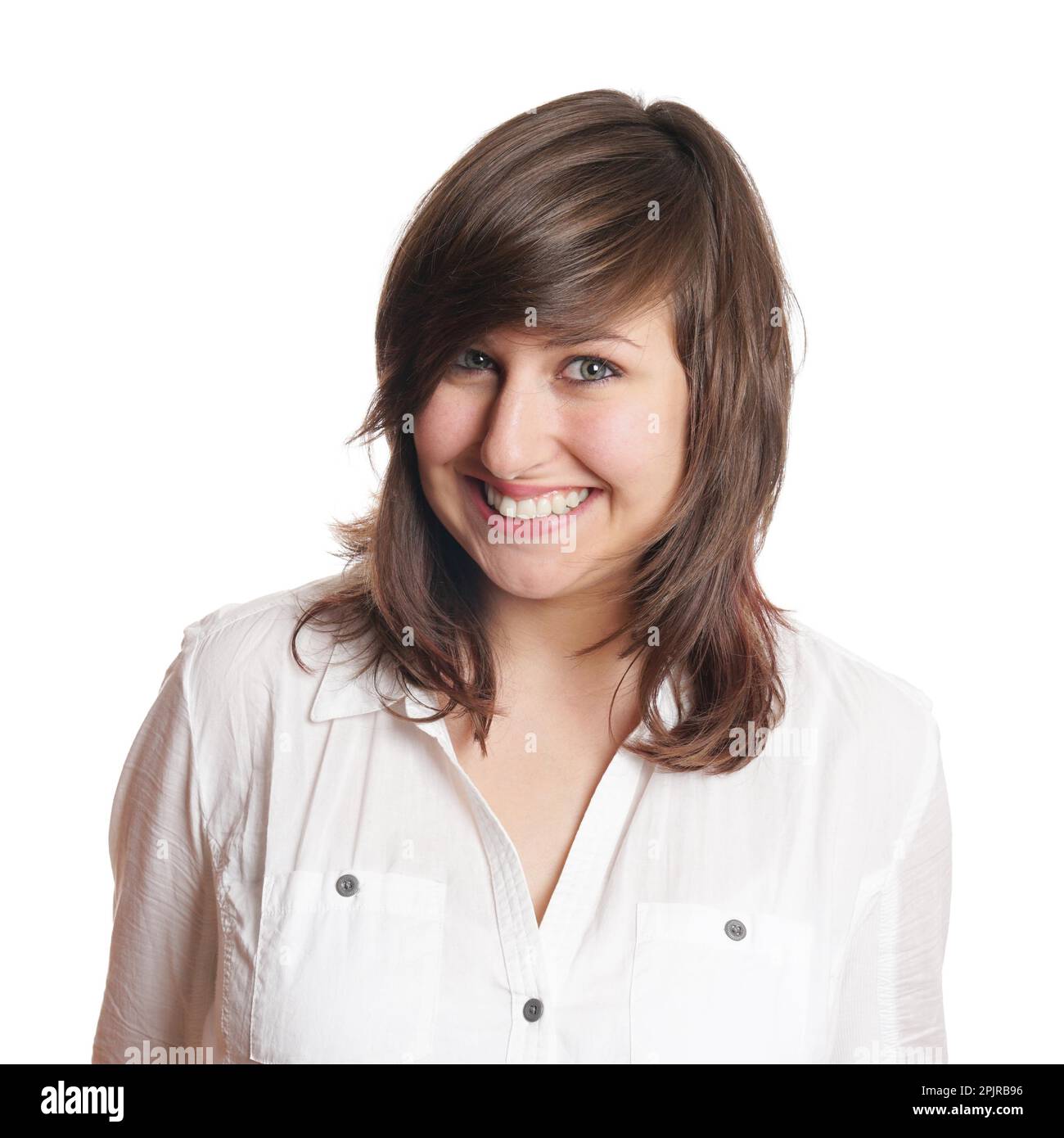 happy young woman with toothy smile isolated on white Stock Photo - Alamy
