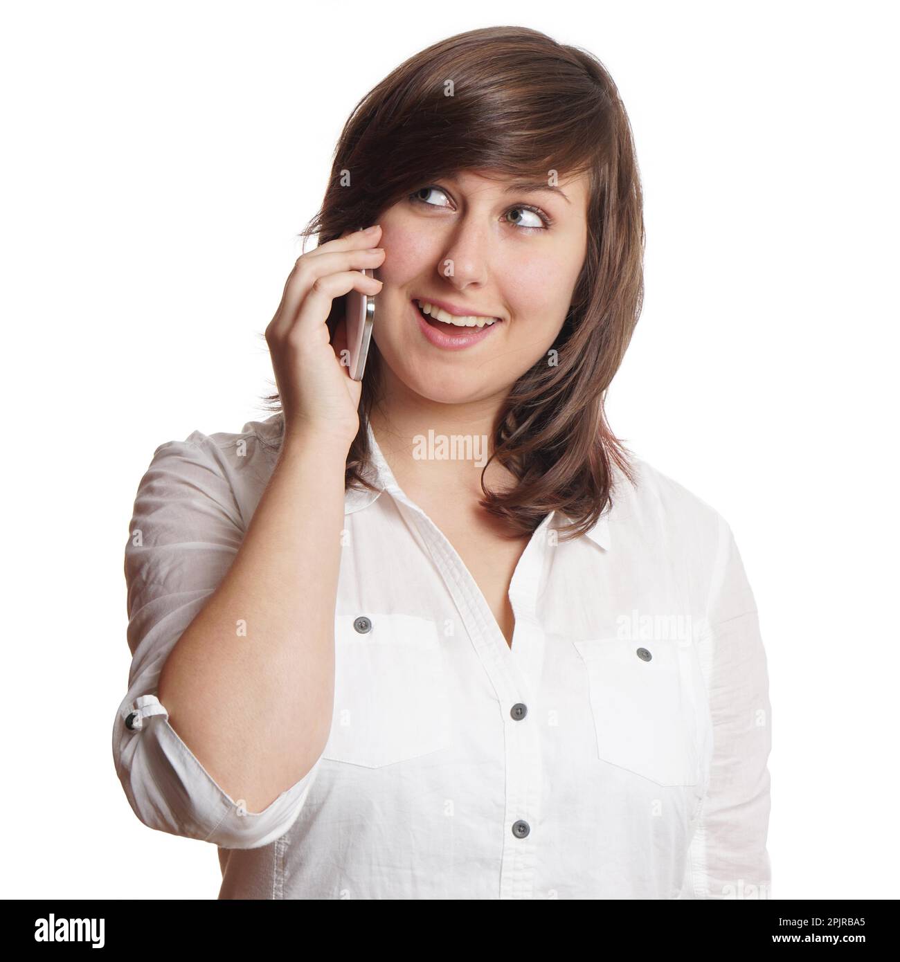 happy young woman making a call on mobile cell phone Stock Photo