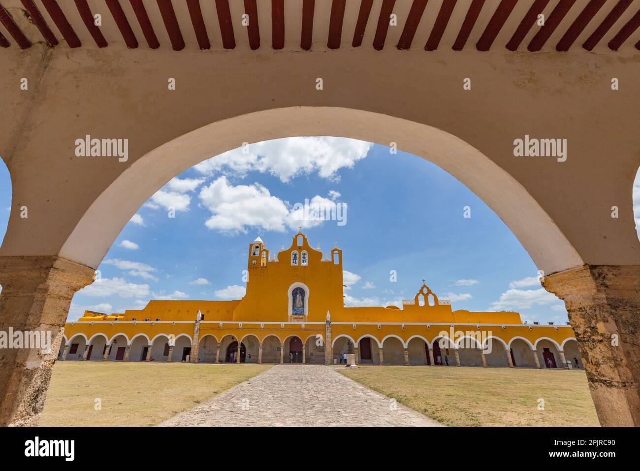 Arches and Atrium of the Monastery of San Antonio de Padua in Izamal, Yucatan, Mexico Stock Photo